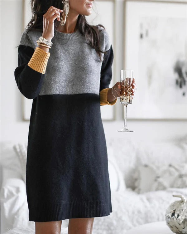 Women’s Knit Dress – Wool Blend – Relaxed Fit – Long Sleeve – Ribbed Color Block