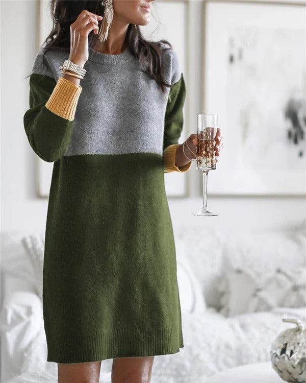 Women’s Knit Dress – Wool Blend – Relaxed Fit – Long Sleeve – Ribbed Color Block