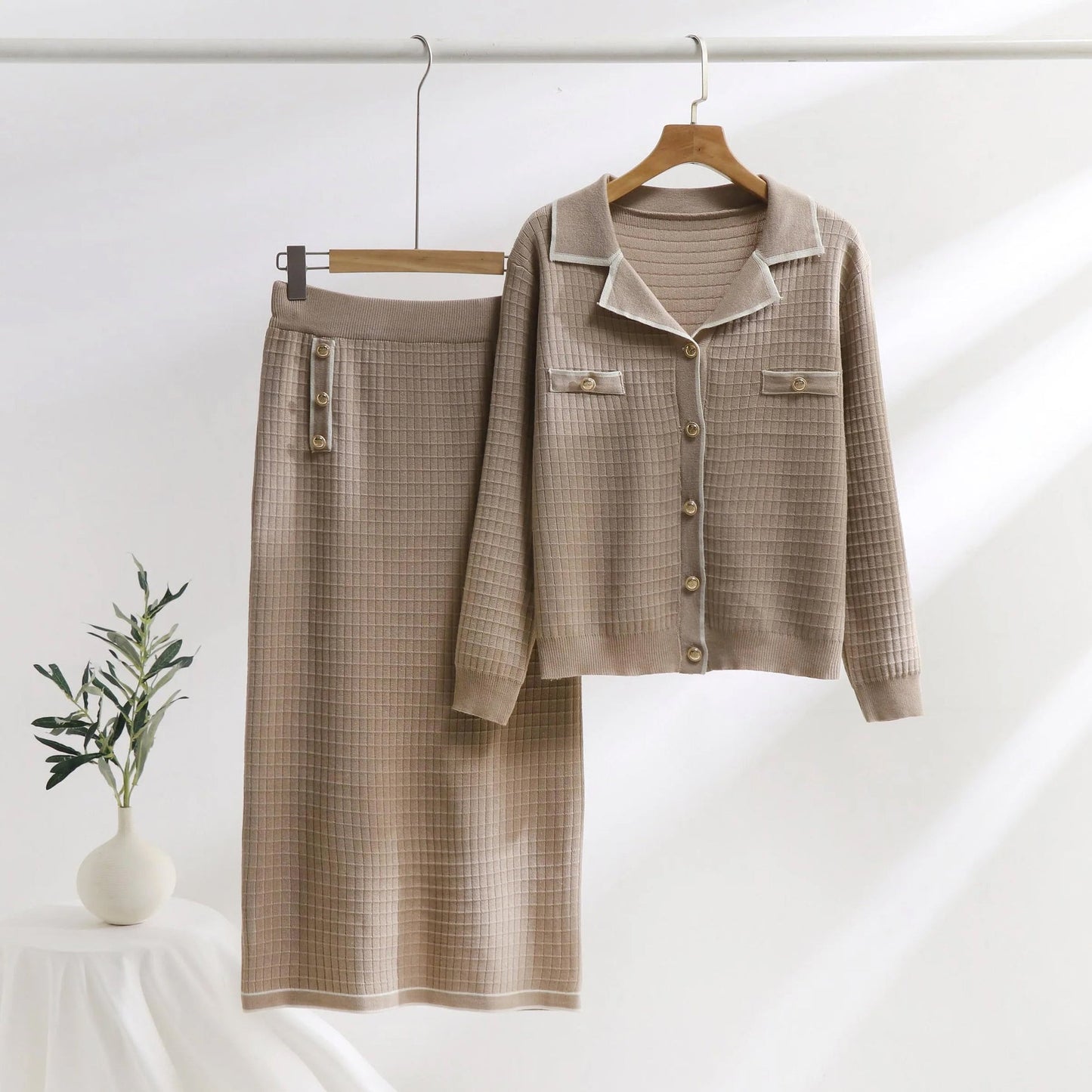 Women’s Knit Set – Polo-Neck Cardigan & Pencil Skirt – Slim Fit – Textured Pattern