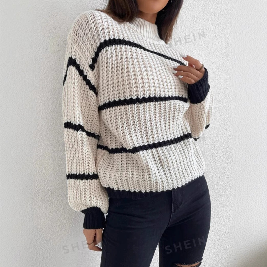 Women’s Knit Sweater – Relaxed Fit – Chunky Texture – Crew Neck – Striped Long Sleeve