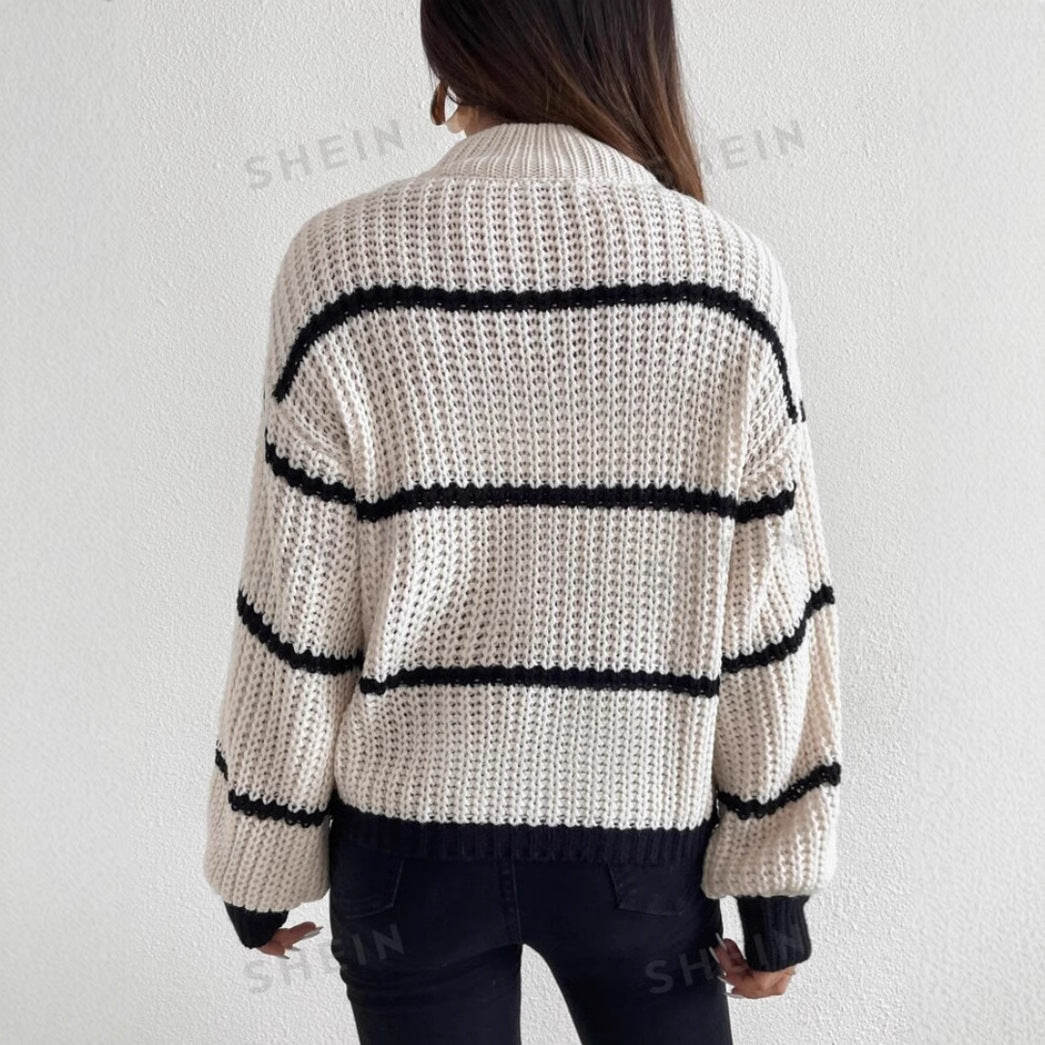 Women’s Knit Sweater – Relaxed Fit – Chunky Texture – Crew Neck – Striped Long Sleeve
