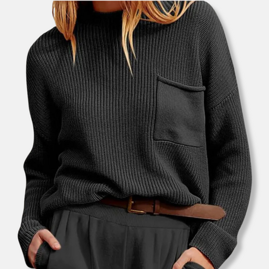 Women’s Knit Sweater – Ribbed Texture – Relaxed Fit – Round Neck – Long Sleeve – Patch Pocket