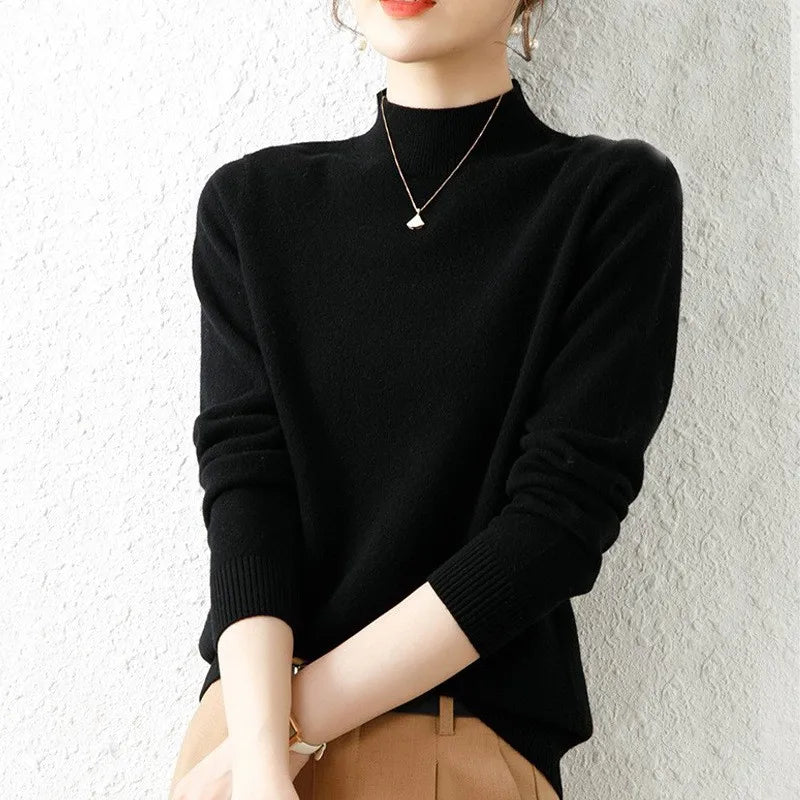 Women’s Knit Sweater – Slim Fit – Mock Neck – Ribbed Trim – Lightweight Wool Blend