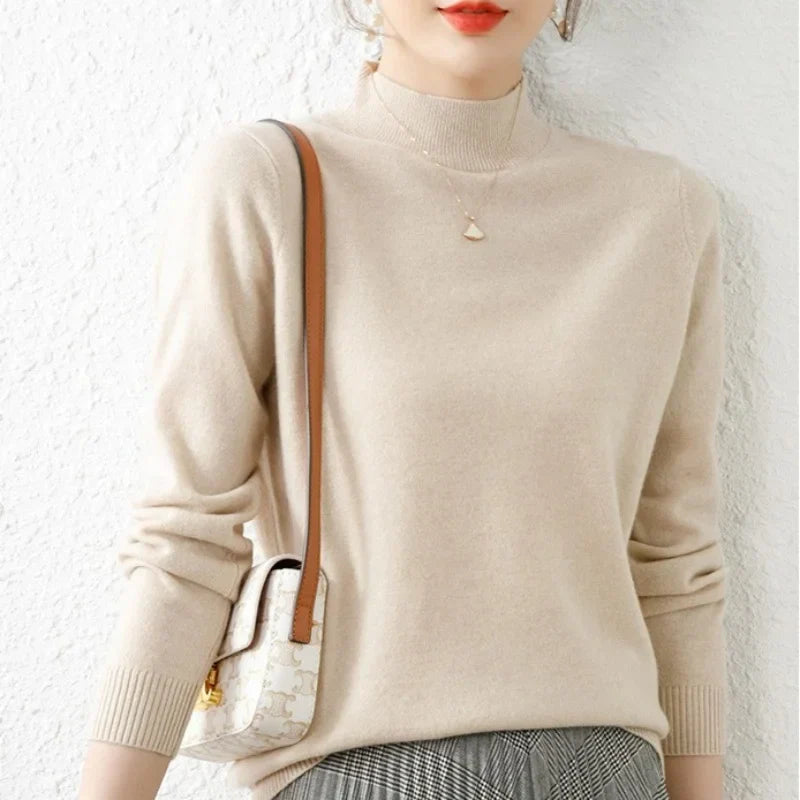 Women’s Knit Sweater – Slim Fit – Mock Neck – Ribbed Trim – Lightweight Wool Blend