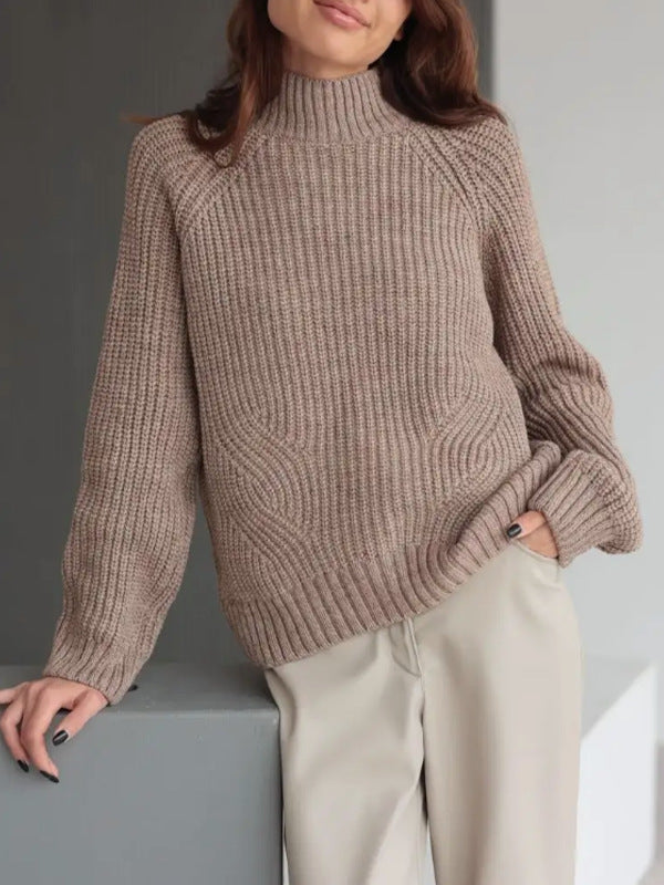 Women’s Knit Sweater – Wool Blend – Loose Fit – Mock Neck – Raglan Sleeves – Ribbed