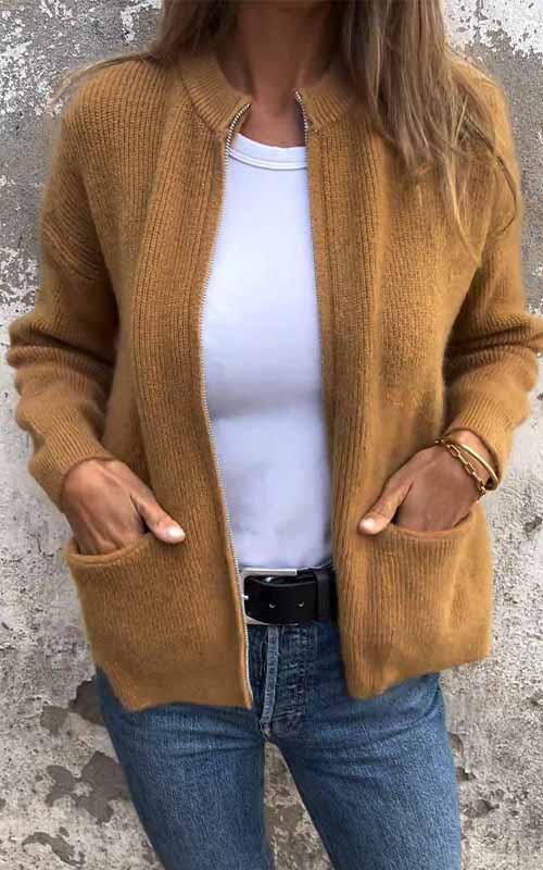 Women’s Knitted Cardigan – Relaxed Fit – Open Front – Ribbed Edges – With Pockets