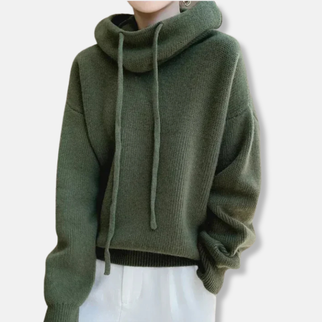 Women’s Knitted Sweater– Oversized Relaxed Fit – Soft Knit – Cowl Neck Drawstring