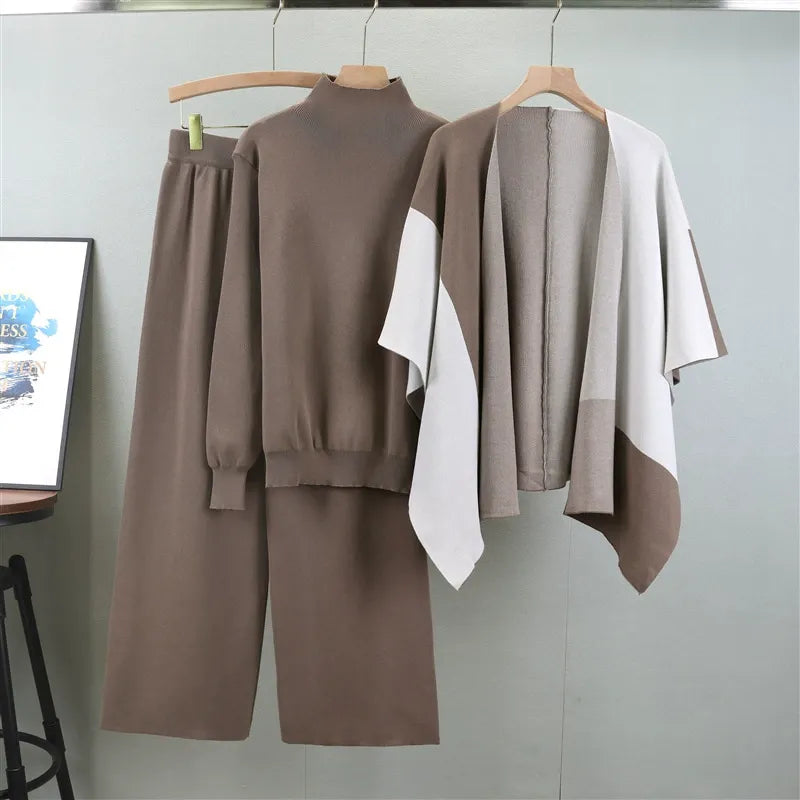 Women’s Knitted Three-Piece Set – Relaxed Fit – Wool Blend – Soft Mock Neck Sweater