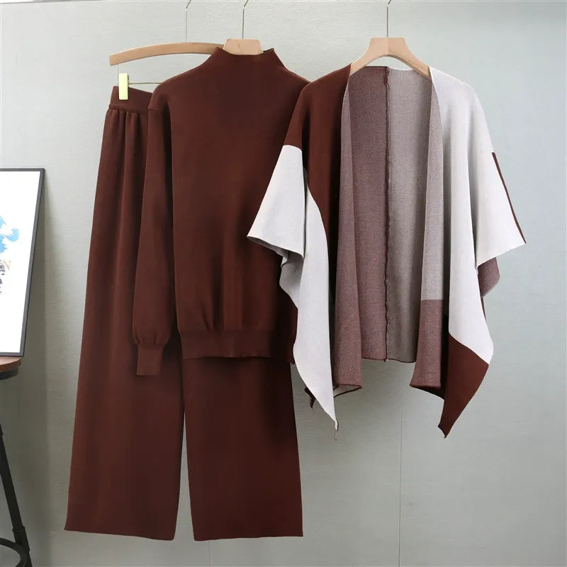 Women’s Knitted Three-Piece Set – Relaxed Fit – Wool Blend – Soft Mock Neck Sweater