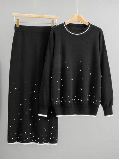 Women’s Knitted Two-Piece Set – Beaded Detail – Loose Fit Top – Slim Midi Skirt