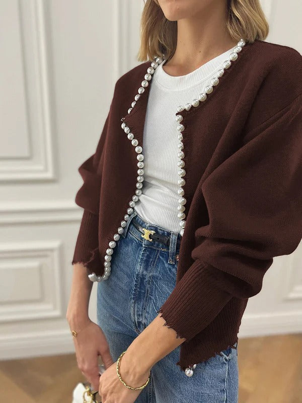 Women’s Knitted Vest – Relaxed Fit – Pearl Trim – Raw Hem – Open Front Layering