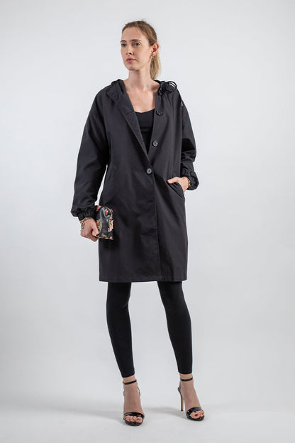 Women’s Lightweight Hooded Coat – Casual Longline Button-Up Jacket