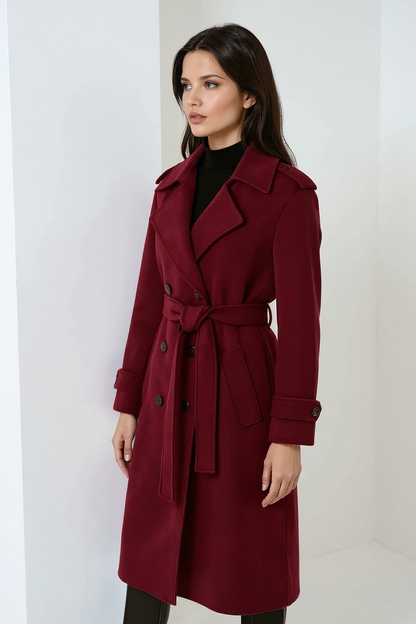 Women’s Long Burgundy Trench Coat – Double-Breasted Belted Maxi Style