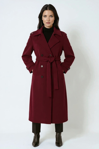 Women’s Long Burgundy Trench Coat – Double-Breasted Belted Maxi Style