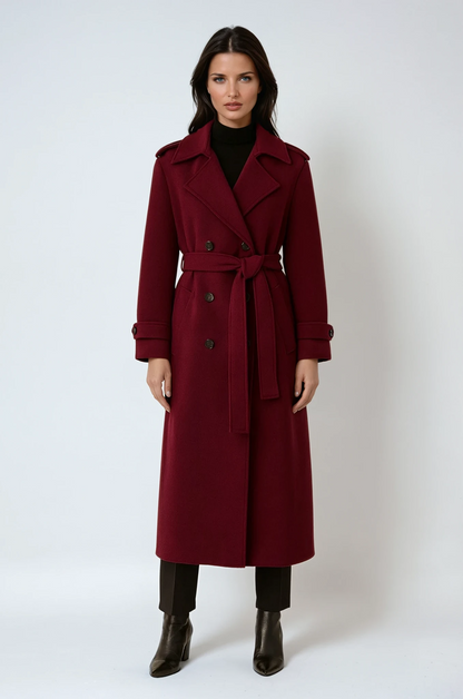 Women’s Long Burgundy Trench Coat – Double-Breasted Belted Maxi Style