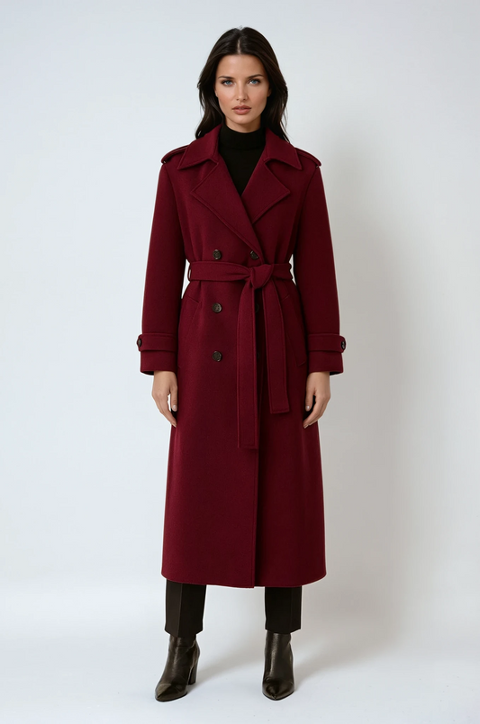 Women’s Long Burgundy Trench Coat – Double-Breasted Belted Maxi Style