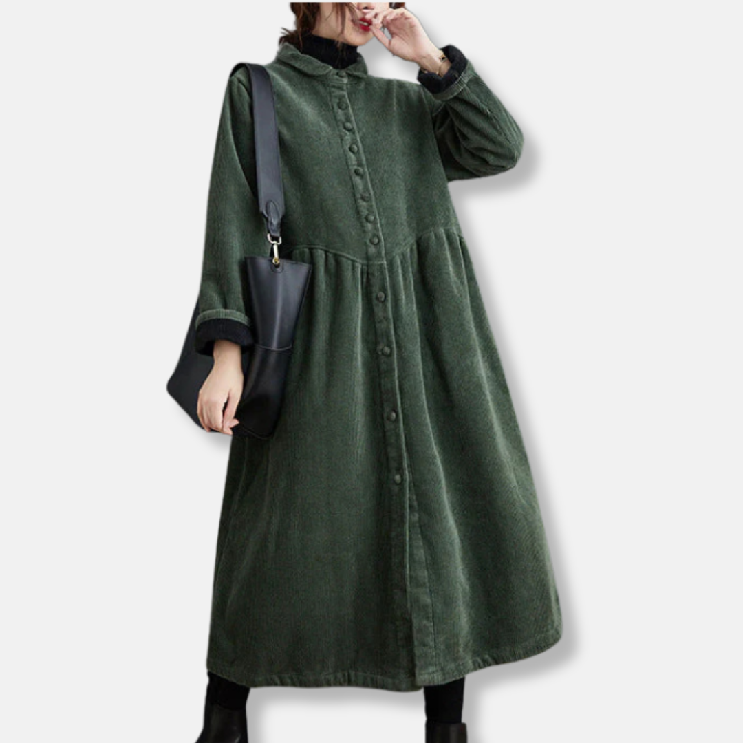 Women’s Long Coat – Corduroy A-Line – Loose Fit – High Neck – Button Front – Midi Length