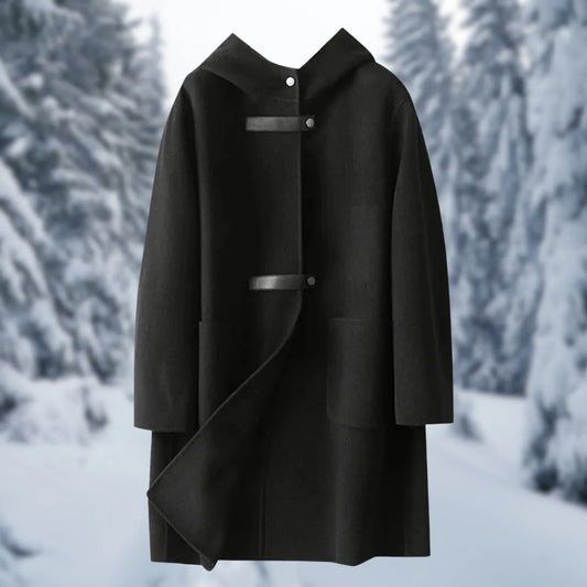Women’s Long Coat – Relaxed Fit – Wool Blend – Hooded – Snap Button – Double-Sided