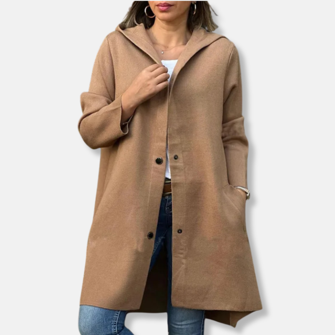 Women’s Long Coat – Wool Blend – Relaxed Fit – Hooded – Snap Button – Mid-Thigh Length