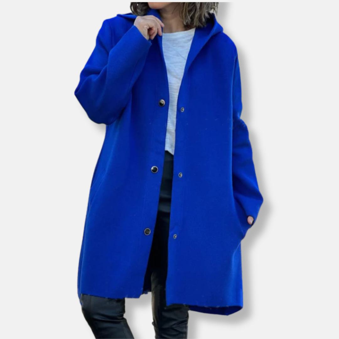 Women’s Long Coat – Wool Blend – Relaxed Fit – Hooded – Snap Button – Mid-Thigh Length
