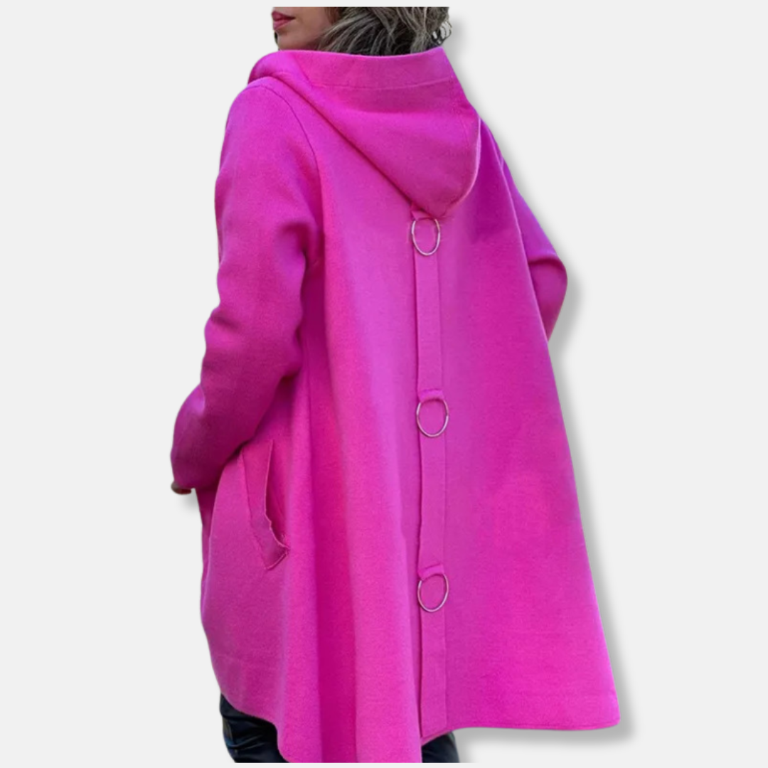 Women’s Long Coat – Wool Blend – Relaxed Fit – Hooded – Snap Button – Mid-Thigh Length