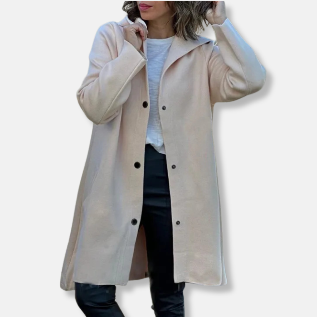 Women’s Long Coat – Wool Blend – Relaxed Fit – Hooded – Snap Button – Mid-Thigh Length