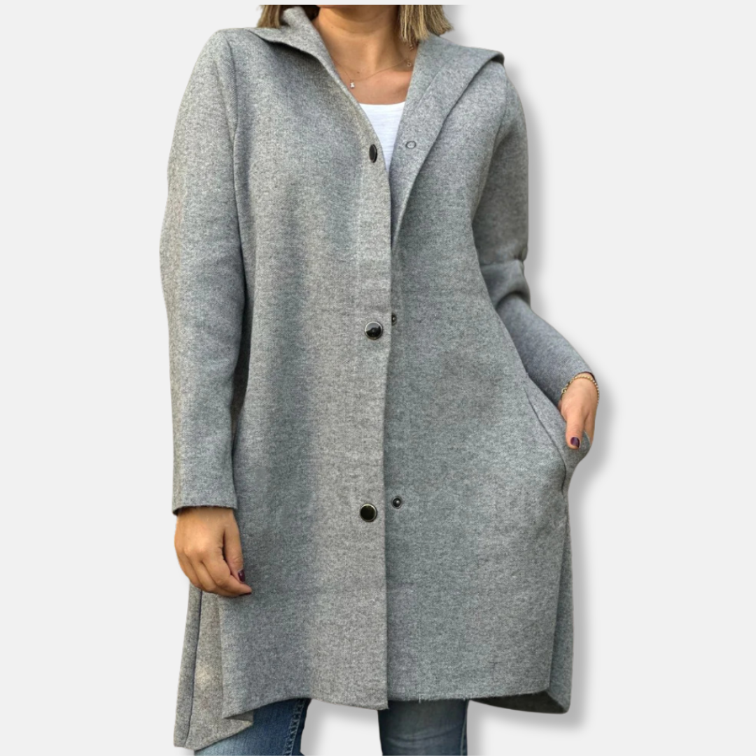 Women’s Long Coat – Wool Blend – Relaxed Fit – Hooded – Snap Button – Mid-Thigh Length