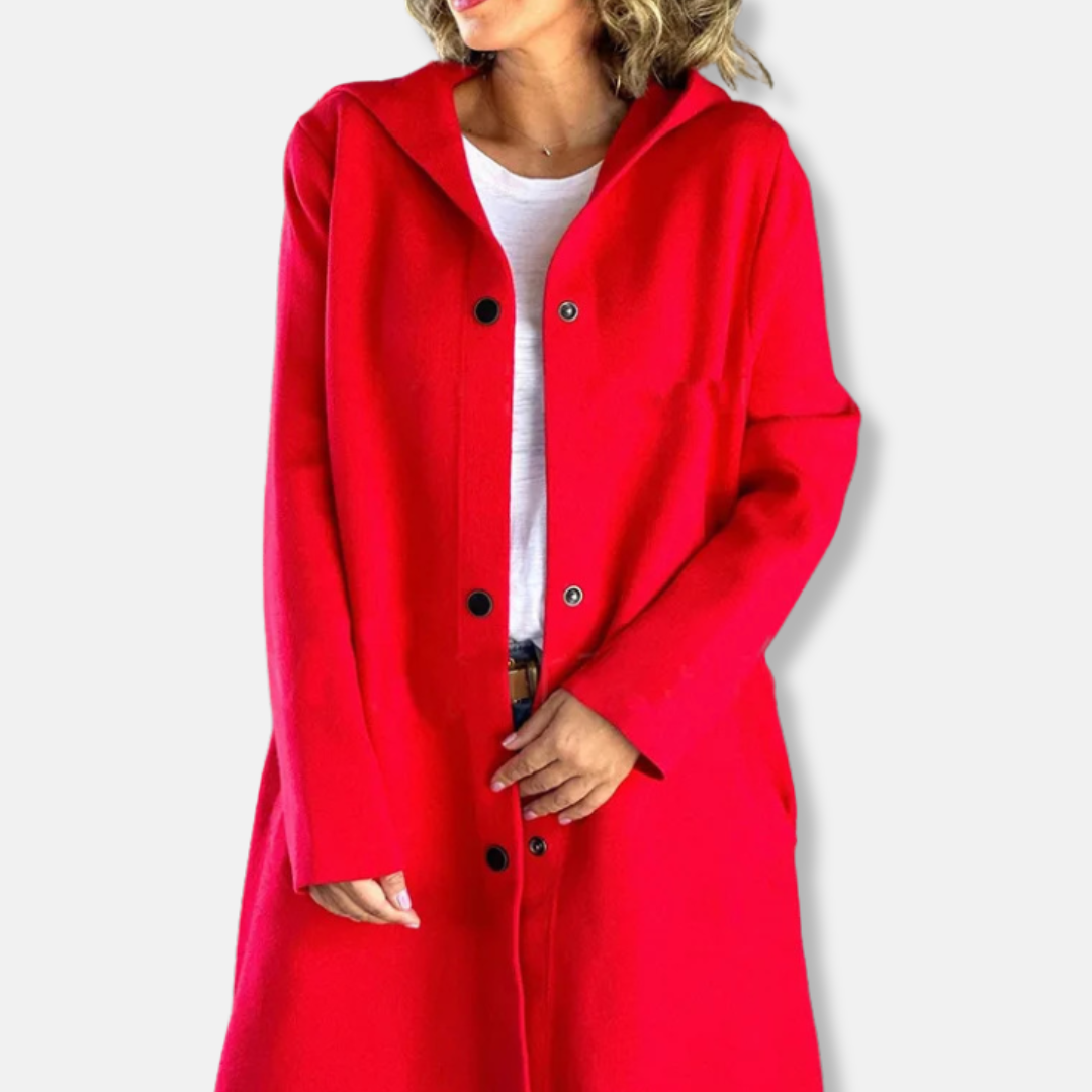 Women’s Long Coat – Wool Blend – Relaxed Fit – Hooded – Snap Button – Mid-Thigh Length