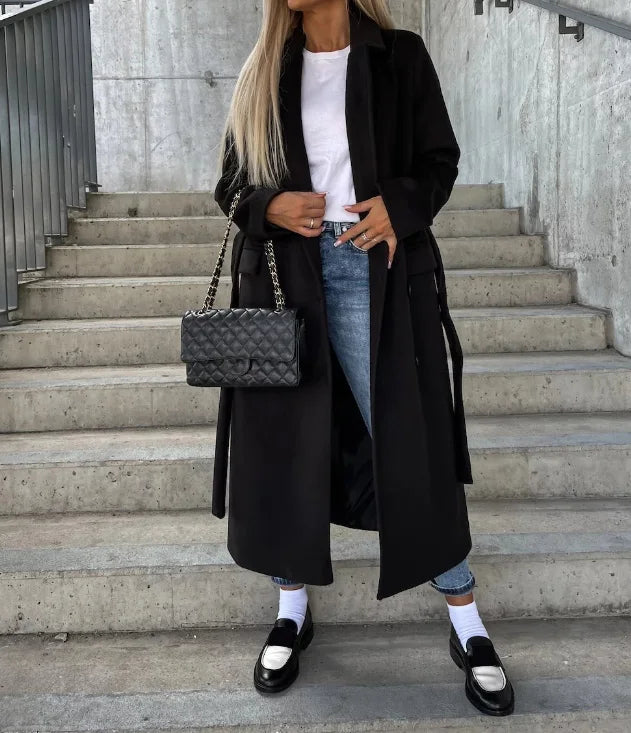 Women’s Long Double-Breasted Coat – Classic Belted Winter Overcoat