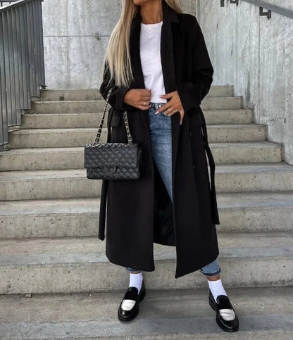 Women’s Long Double-Breasted Coat – Classic Belted Winter Overcoat