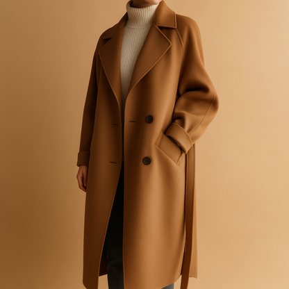 Women’s Long Double-Breasted Coat – Relaxed Tailored Fit with Warm Lining