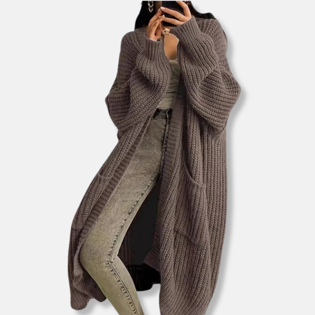Women’s Long Knit Cardigan – Oversized Fit – Chunky Ribbed – Open Front with Pockets