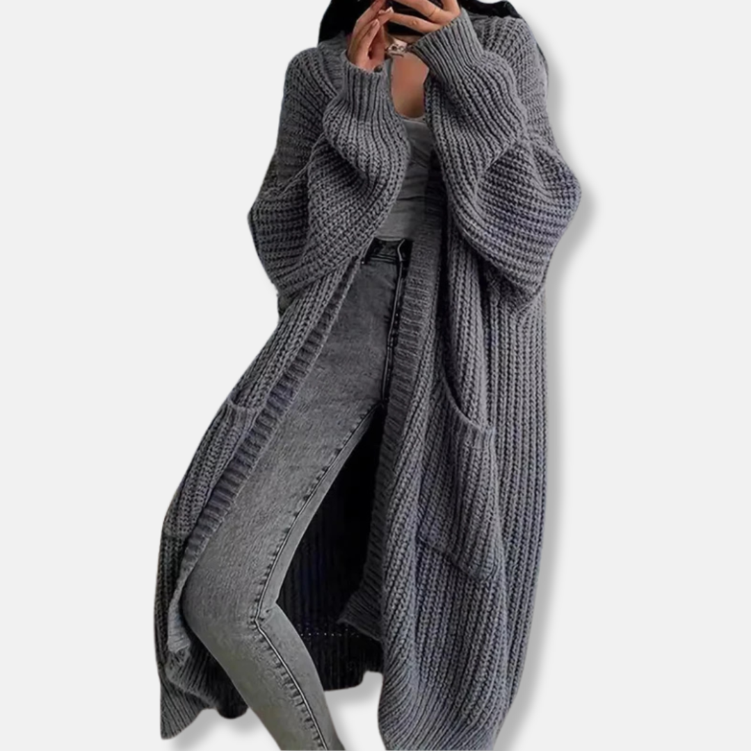 Women’s Long Knit Cardigan – Oversized Fit – Chunky Ribbed – Open Front with Pockets