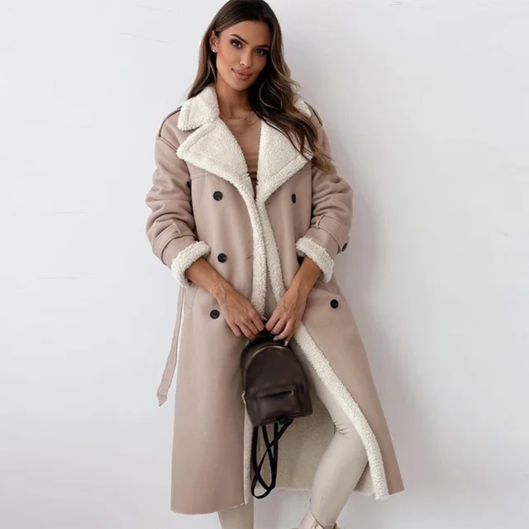 Women’s Long Shearling-Trim Coat – Double-Breasted Design with Layer-Friendly Fit