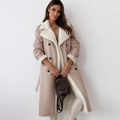 Women’s Long Shearling-Trim Coat – Double-Breasted Design with Layer-Friendly Fit