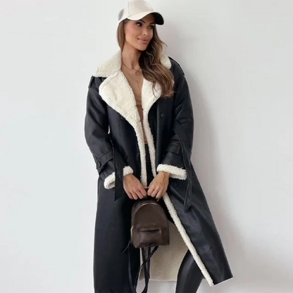 Women’s Long Shearling-Trim Coat – Double-Breasted Design with Layer-Friendly Fit