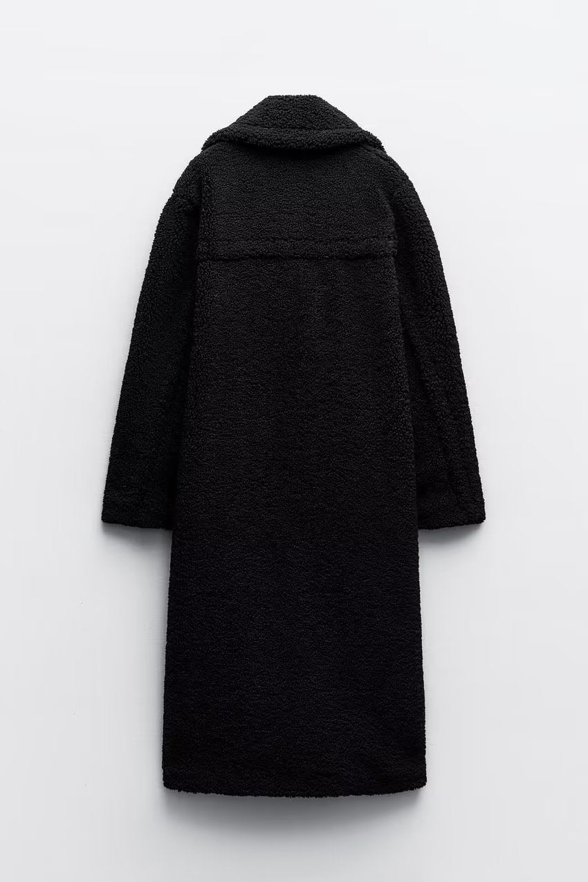 Women’s Long Teddy Coat – Double-Breasted Winter Outerwear with Lapel Collar