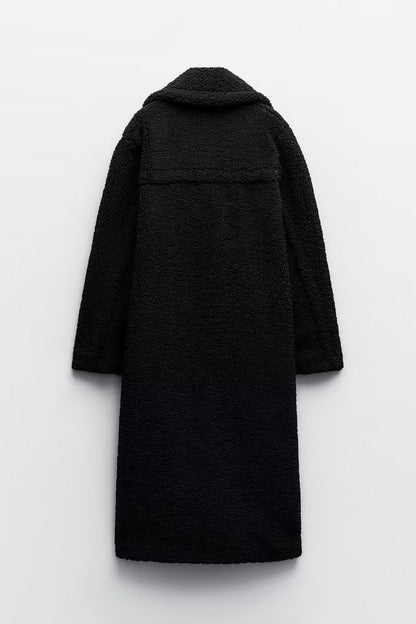 Women’s Long Teddy Coat – Double-Breasted Winter Outerwear with Lapel Collar