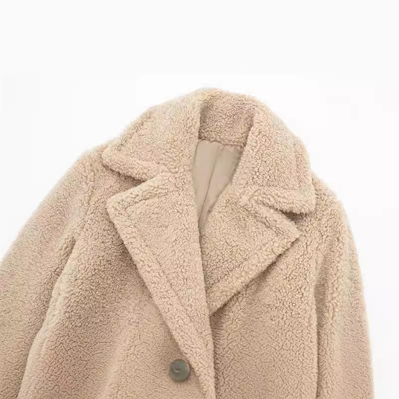 Women’s Long Teddy Coat – Double-Breasted Winter Outerwear with Lapel Collar