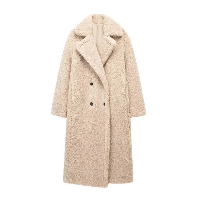Women’s Long Teddy Coat – Double-Breasted Winter Outerwear with Lapel Collar