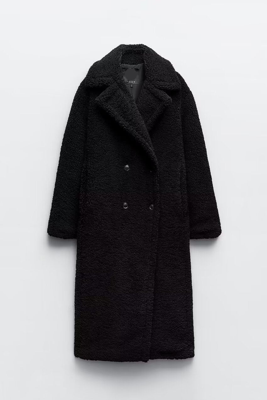 Women’s Long Teddy Coat – Double-Breasted Winter Outerwear with Lapel Collar