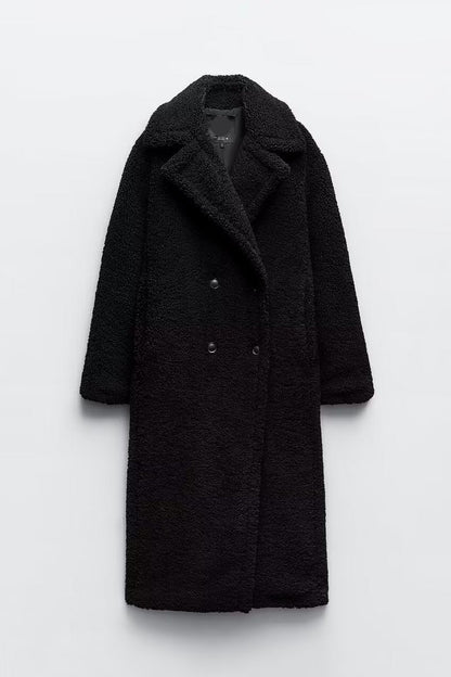 Women’s Long Teddy Coat – Double-Breasted Winter Outerwear with Lapel Collar