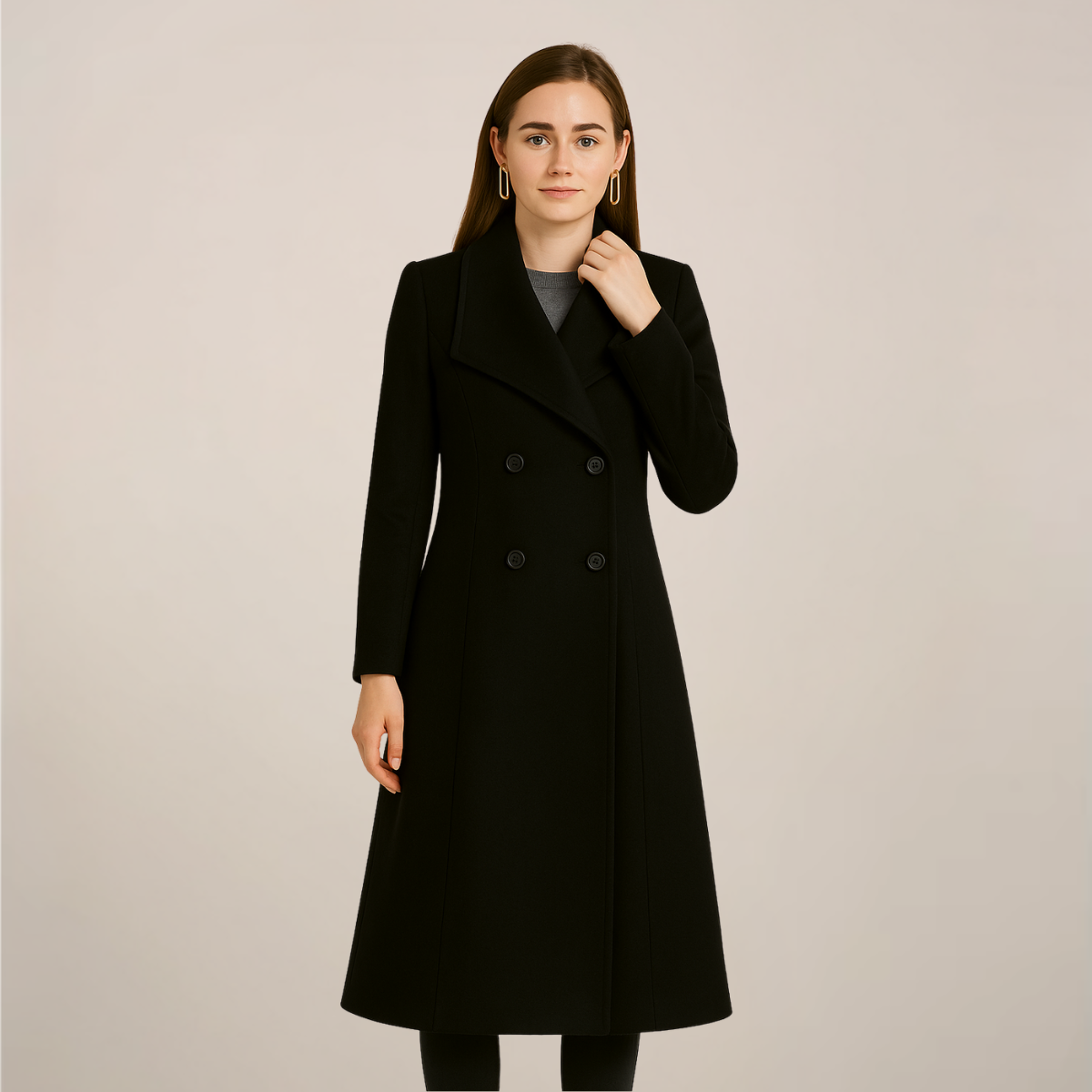 Women’s Long Trench Coat – Tailored Double-Breasted Design with Defined Waist