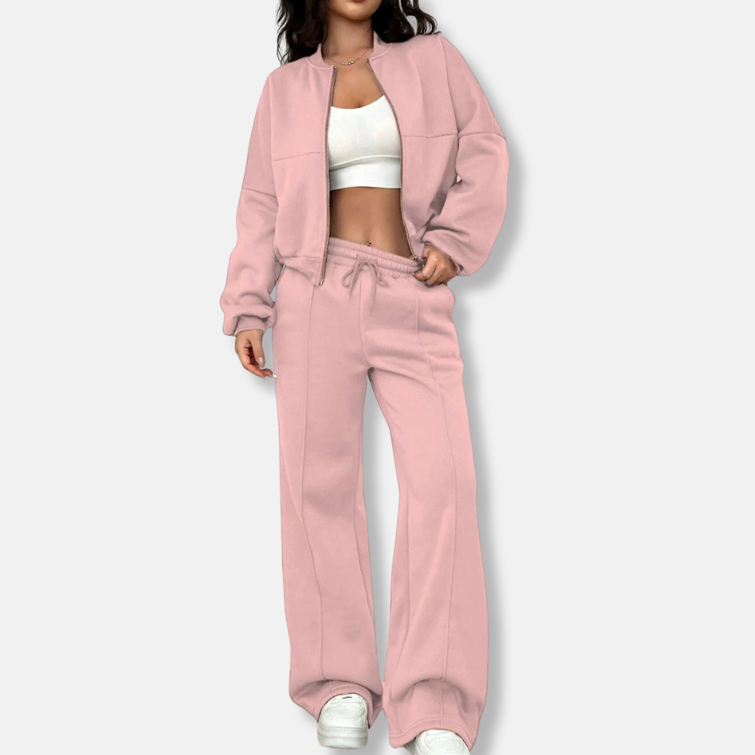 Women’s Loungewear Set – Relaxed Bomber Jacket – High-Waisted Wide-Leg Trousers