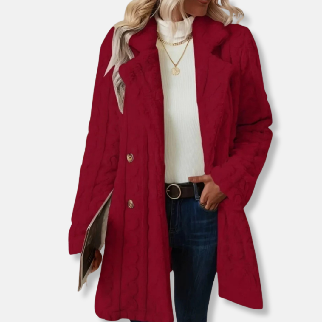 Women’s Mid-Length Coat – Plush Textured – Double-Breasted – Relaxed Fit – Notched Lapel