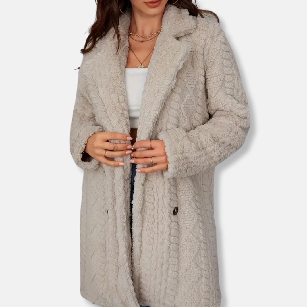 Women’s Mid-Length Coat – Plush Textured – Double-Breasted – Relaxed Fit – Notched Lapel