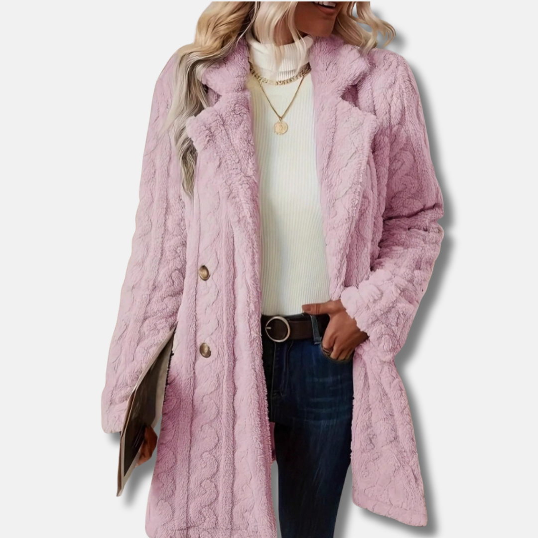 Women’s Mid-Length Coat – Plush Textured – Double-Breasted – Relaxed Fit – Notched Lapel