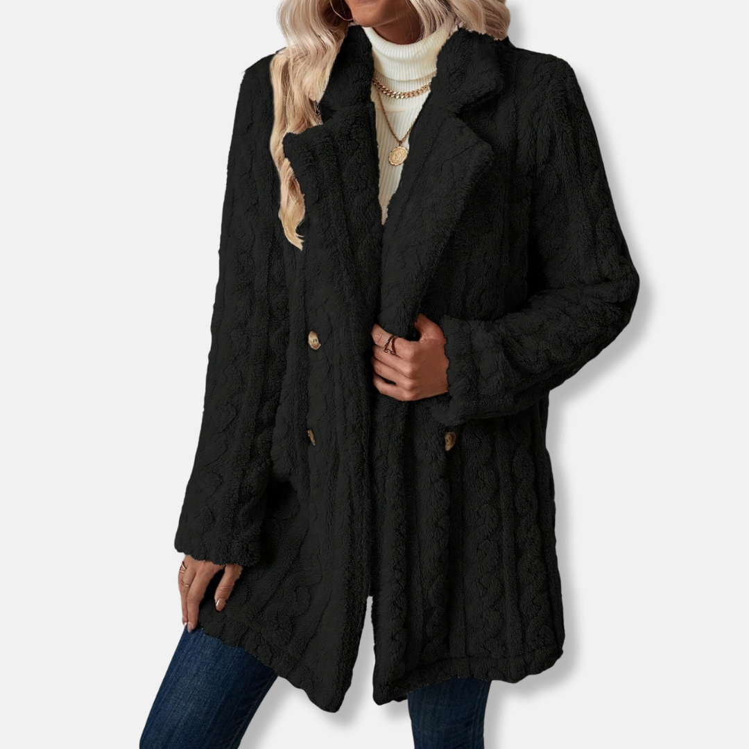 Women’s Mid-Length Coat – Plush Textured – Double-Breasted – Relaxed Fit – Notched Lapel
