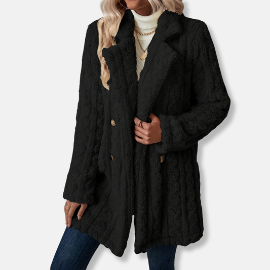 Women’s Mid-Length Coat – Plush Textured – Double-Breasted – Relaxed Fit – Notched Lapel