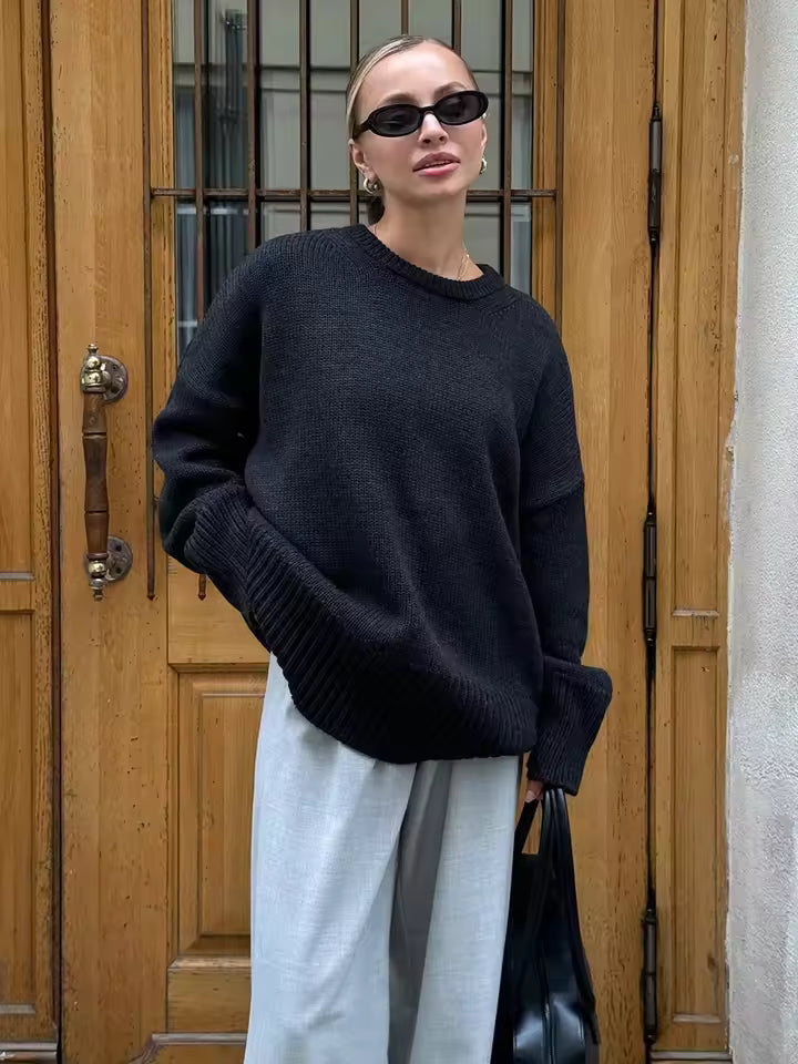 Women’s Oversized Sweater – Knit Wool Blend – Longline – Wide Crew Neck – Side Slits